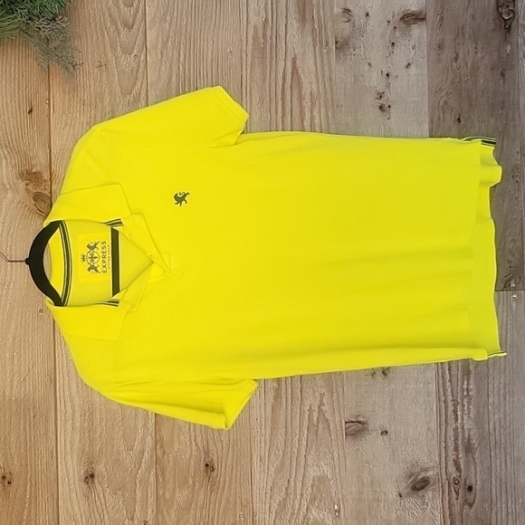 Express Men Yellow Fitted Pique Polo with Navy Blue Logo Size Medium - Picture 1 of 5
